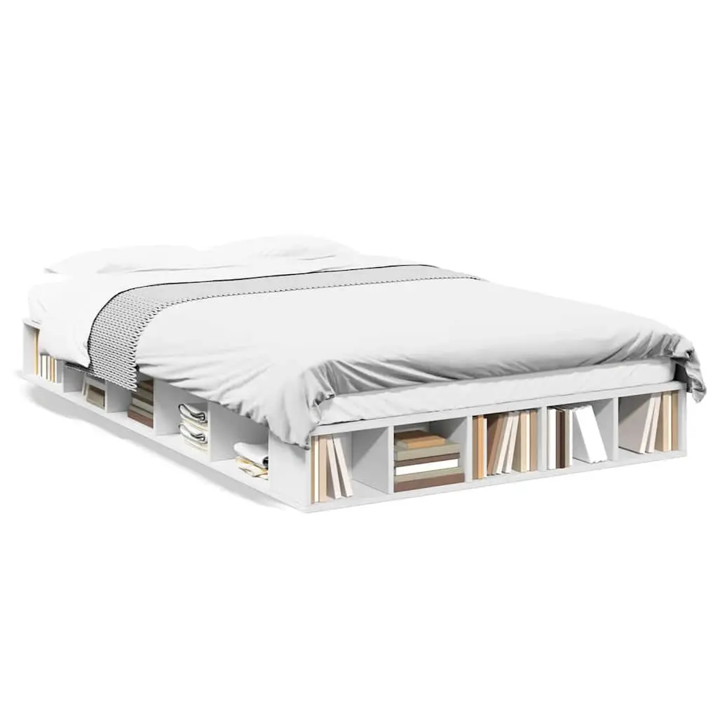 White Bed Frame with Slatted Base and Storage Compartments 135x190 cm Engineered Wood for Bedroom Organization