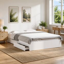 White Bed Frame with Slatted Base and Drawers 150x200 cm