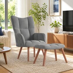 Grey Velvet Armchair with Stool – Durable and Stylish
