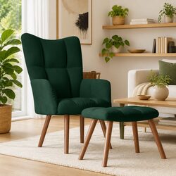 Green Velvet Armchair with Stool: Steel Frame and Foam