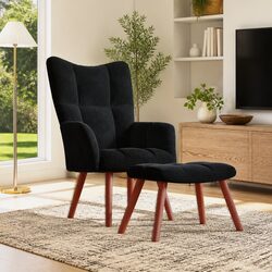Black Velvet Armchair and Stool with Steel Frame