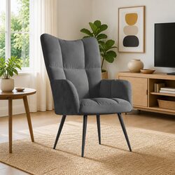 Grey Velvet Armchair with Steel Frame Construction