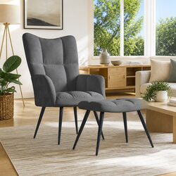 Padded Grey Velvet Armchair with Matching Footstool