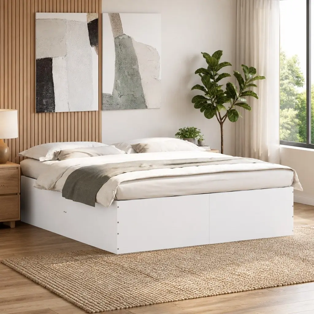 Bed Frame White 180x200 cm Modern Design Engineered Wood Slats Support
