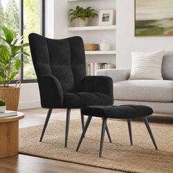 Modern Black Velvet Armchair with Stool