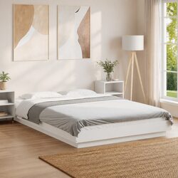 White Bed Frame with Slatted Base and RGB LED Lights 135x190 cm