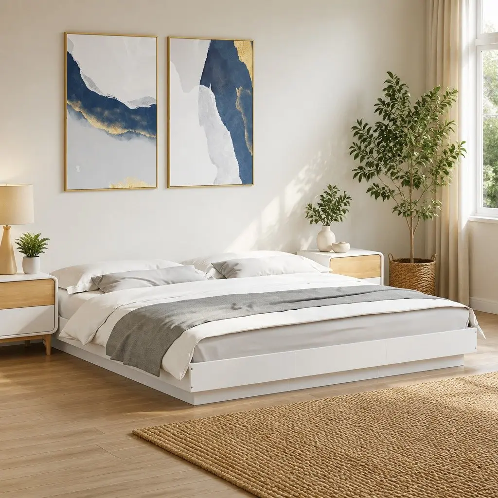 King Bed Frame 183x203cm White Modern Design Engineered Wood Slatted Base