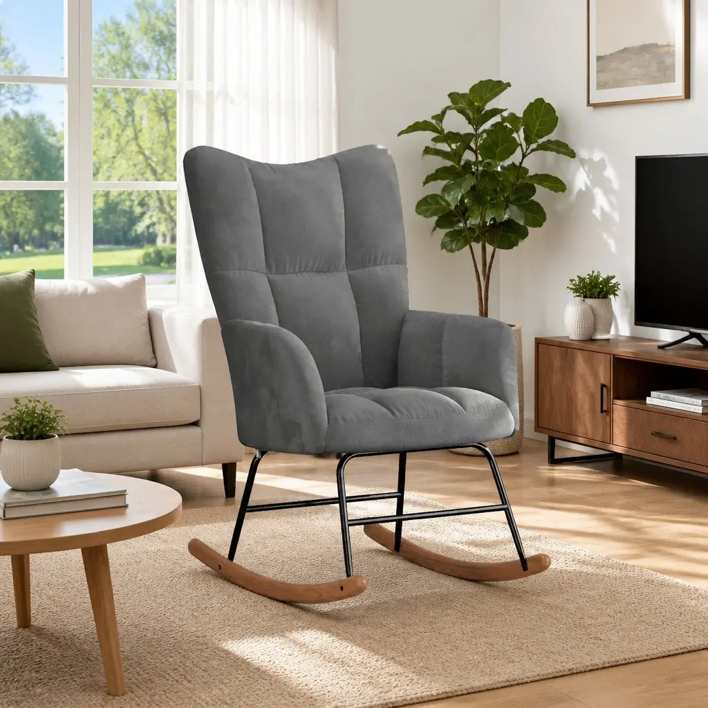 Rocking Chair Velvet Upholstered Padded Armchair Grey Steel Frame Modern