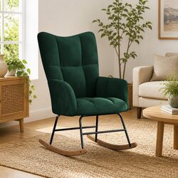 Green Velvet Rocking Chair with Steel Frame and Wood Rails