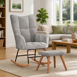 Grey Velvet Rocking Chair and Stool Set