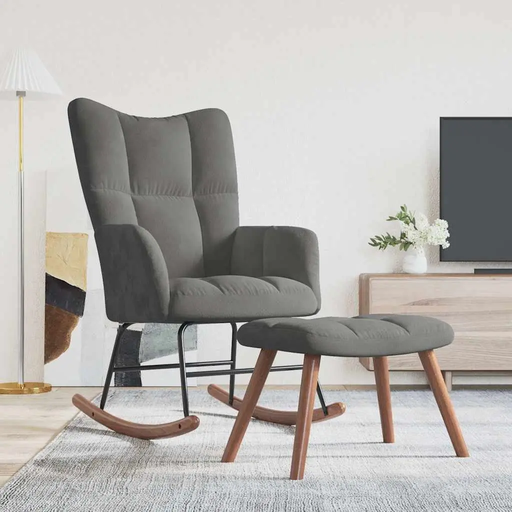 Rocking Chair with Stool Grey Velvet Upholstered Padded Armchair Lounge Seat