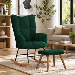 Durable Rocking Chair with Stool in Dark Green Velvet