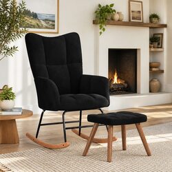 Black Velvet Rocking Chair with Matching Stool