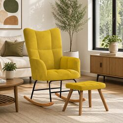 Durable Yellow Velvet Rocking Chair with Matching Stool