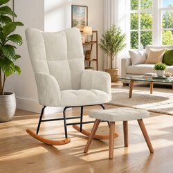 Modern Rocking Chair and Footstool in Cream Velvet