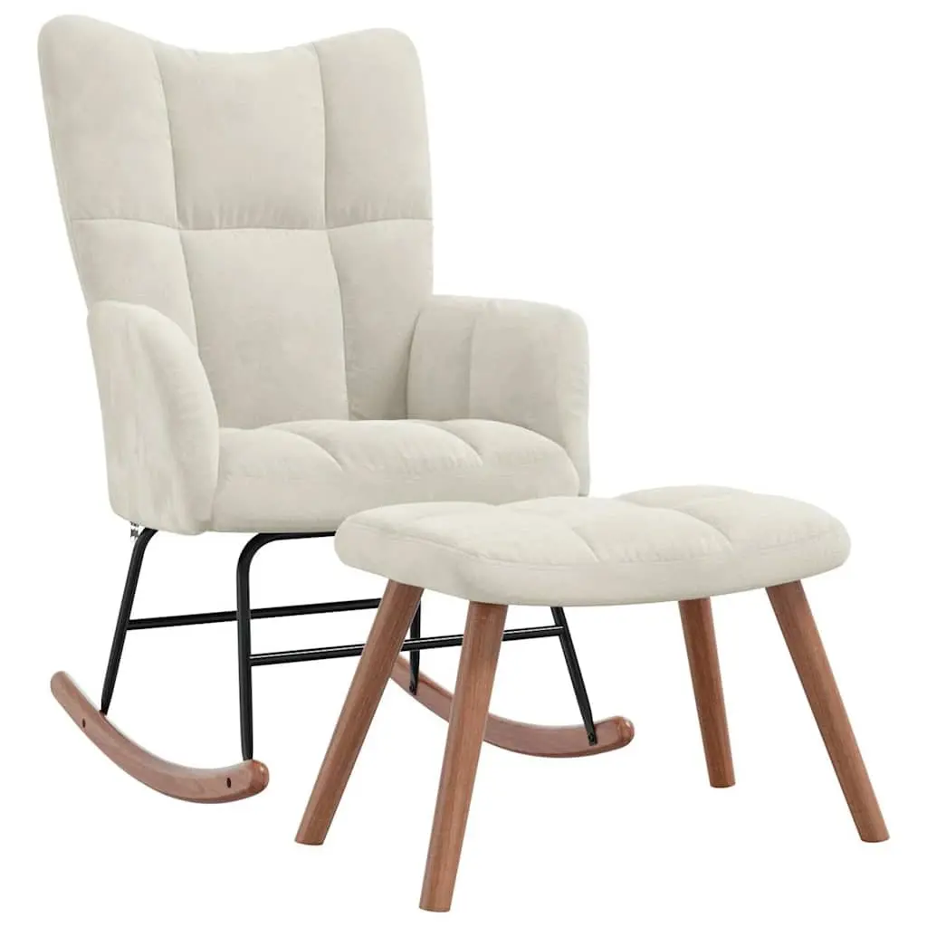 Rocking Chair with Stool Cream White Velvet Armchair Relaxing Lounge Chair