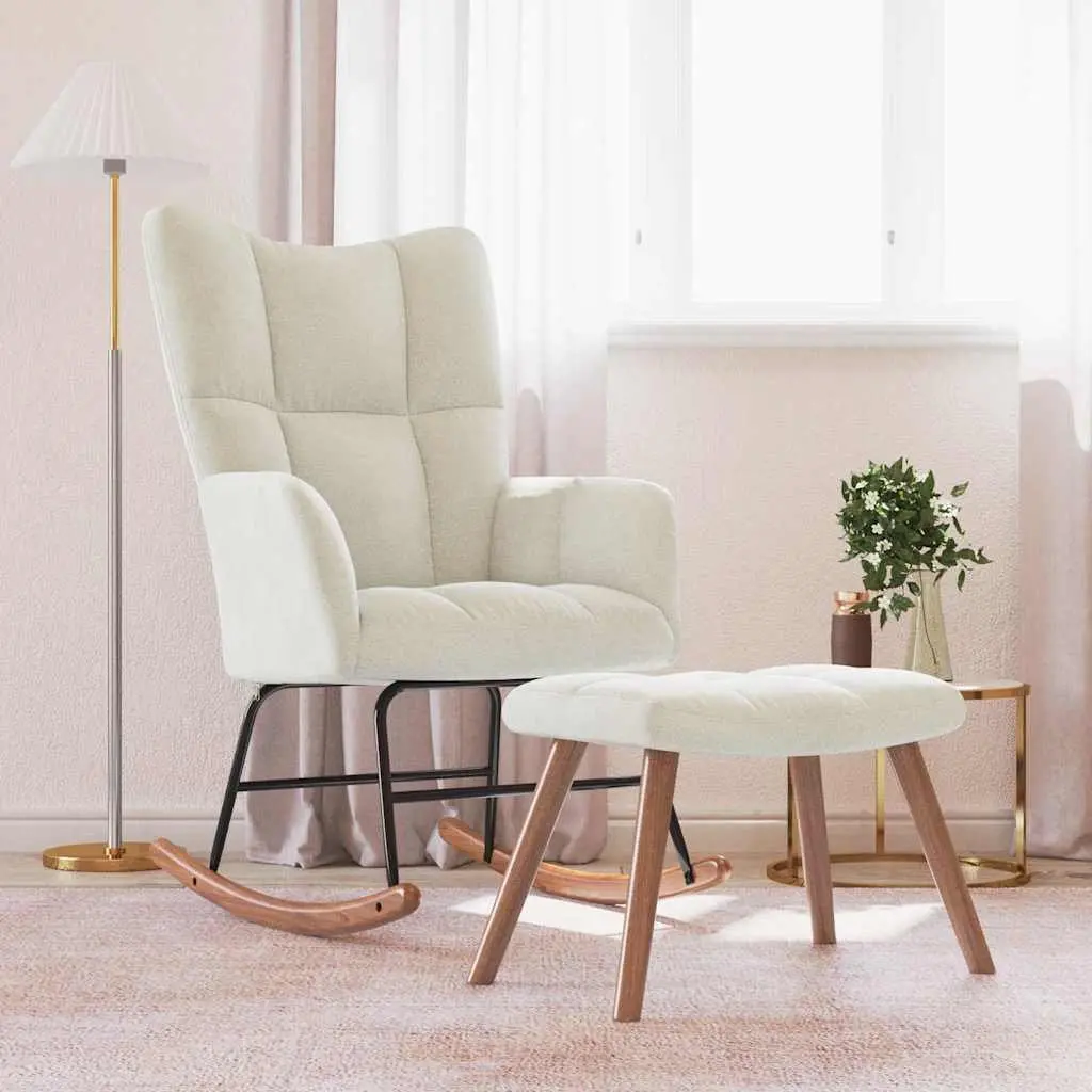 Rocking Chair with Stool Cream White Velvet Armchair Relaxing Lounge Chair