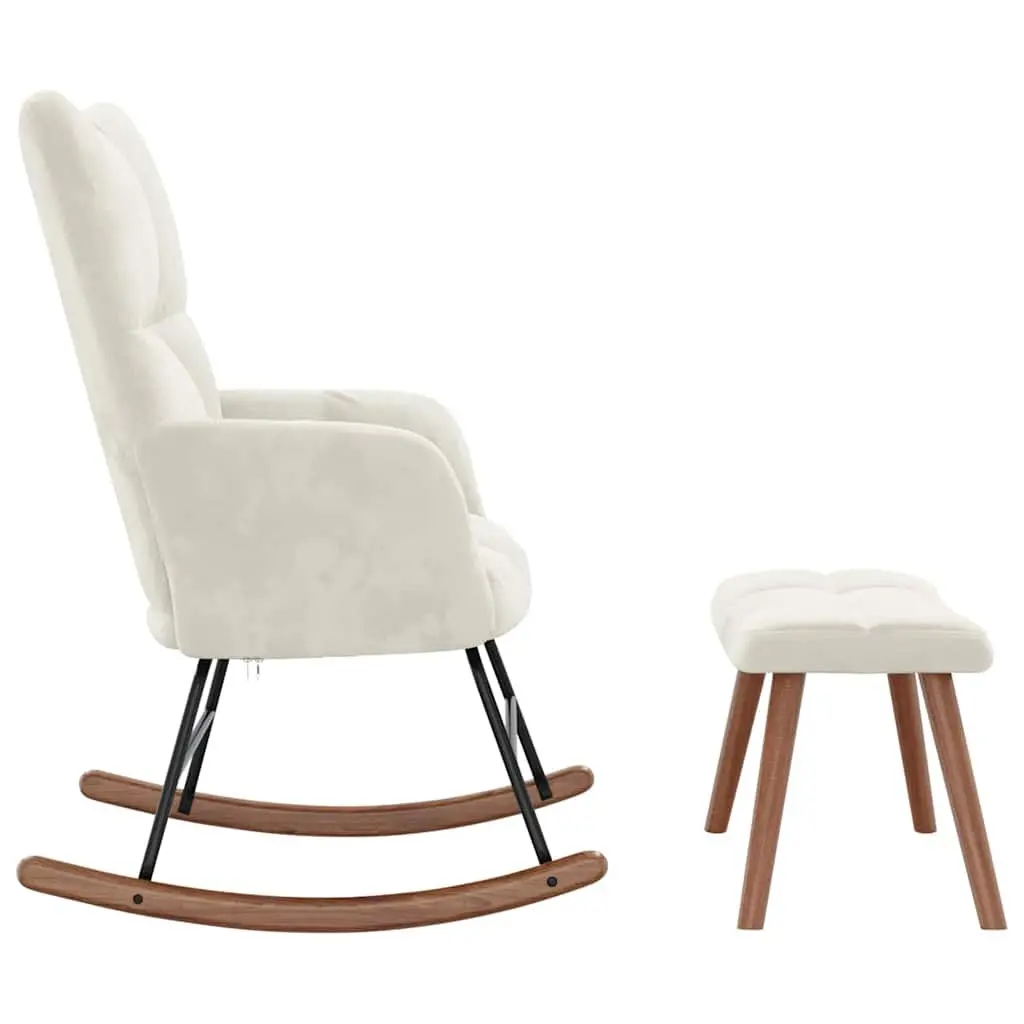 Rocking Chair with Stool Cream White Velvet Armchair Relaxing Lounge Chair