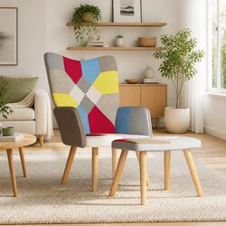 Multicolour Patchwork Armchair with Matching Stool