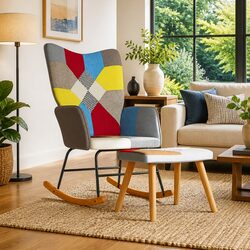 Durable Rocking Chair and Stool Set in Patchwork Fabric