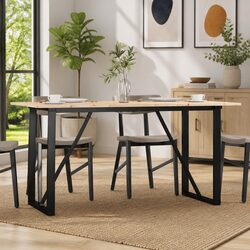 Solid Pine Wood Dining Table with O-Shaped Steel Frame