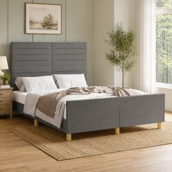 Double Bed Frame in Grey Fabric with Plywood Slats