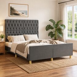Double Bed Frame with Grey Fabric Headboard 137x187cm