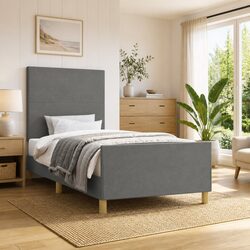 King Single Bed Frame with Adjustable Grey Fabric Headboard