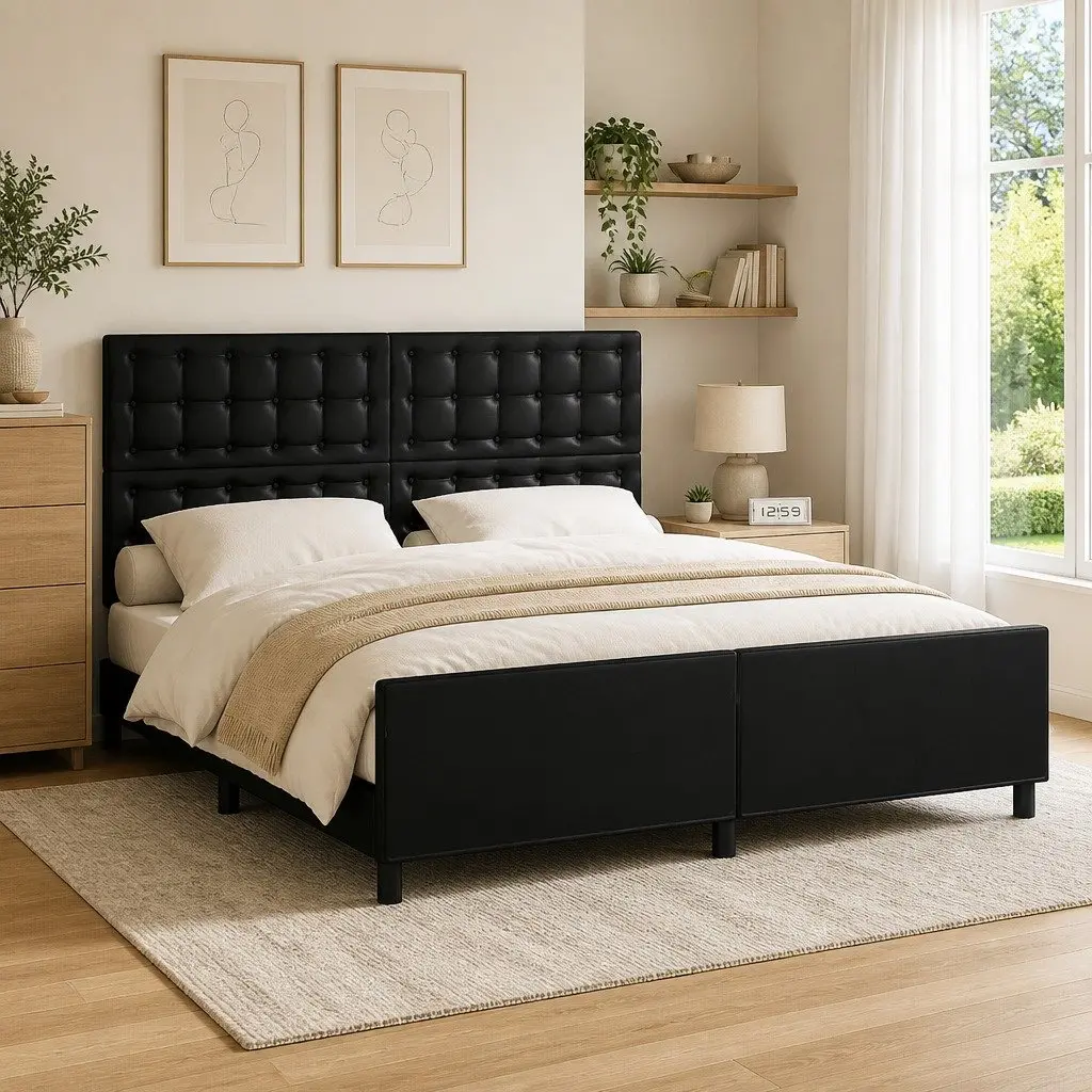 Queen Bed Frame Faux Leather Adjustable Headboard 152x203 cm Black