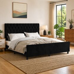Adjustable Headboard Black Velvet Queen Bed Frame 152x203cm