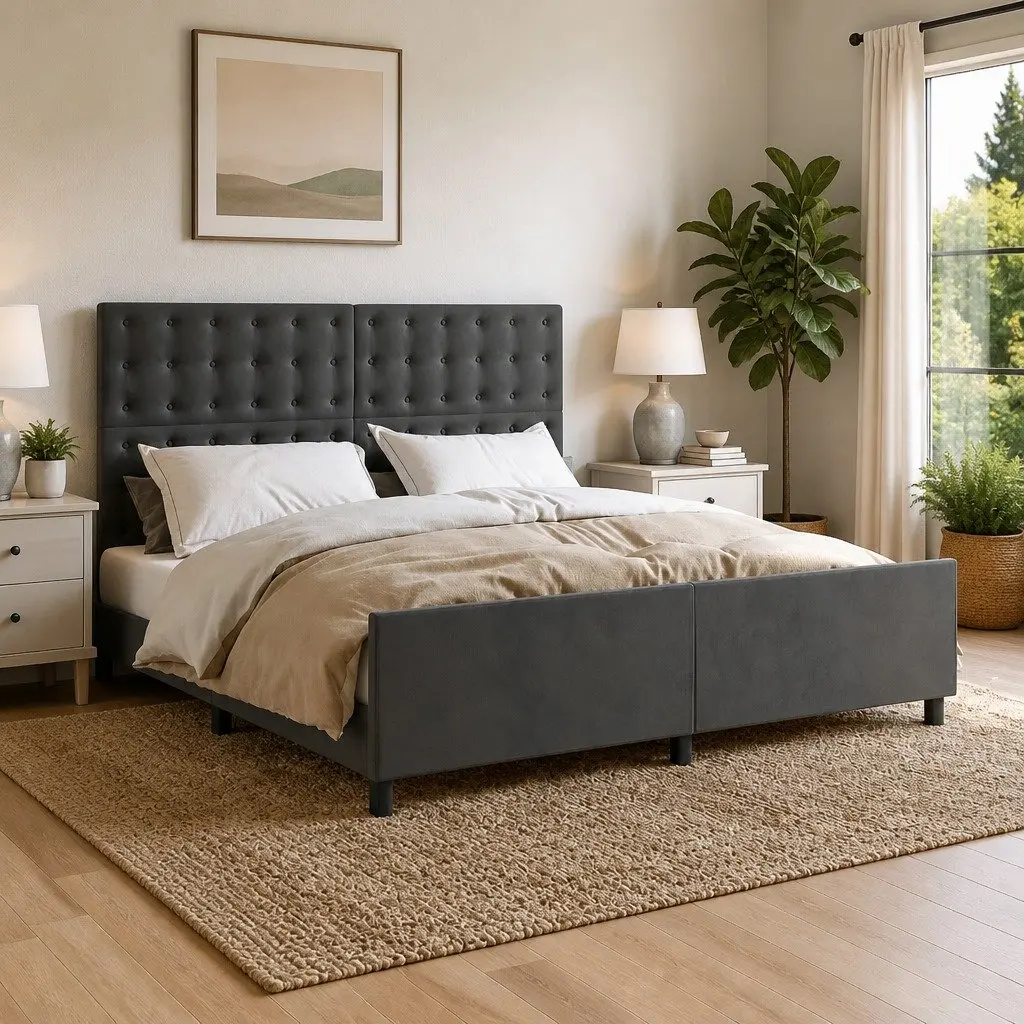 Queen Bed Frame Velvet Dark Grey 152x203 cm Adjustable Height Headboard