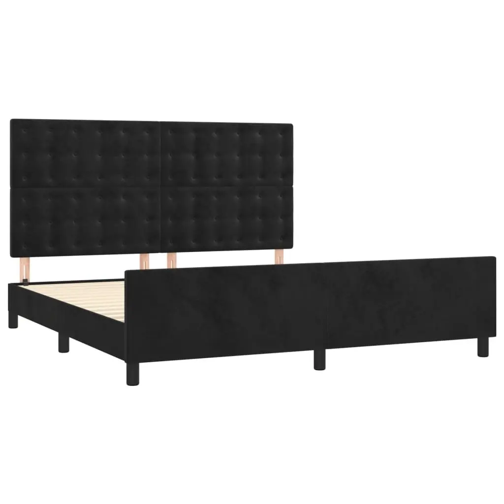 Bed Frame Queen Size Black Velvet Adjustable Height Soft Headboard Plywood Slats 152x203cm