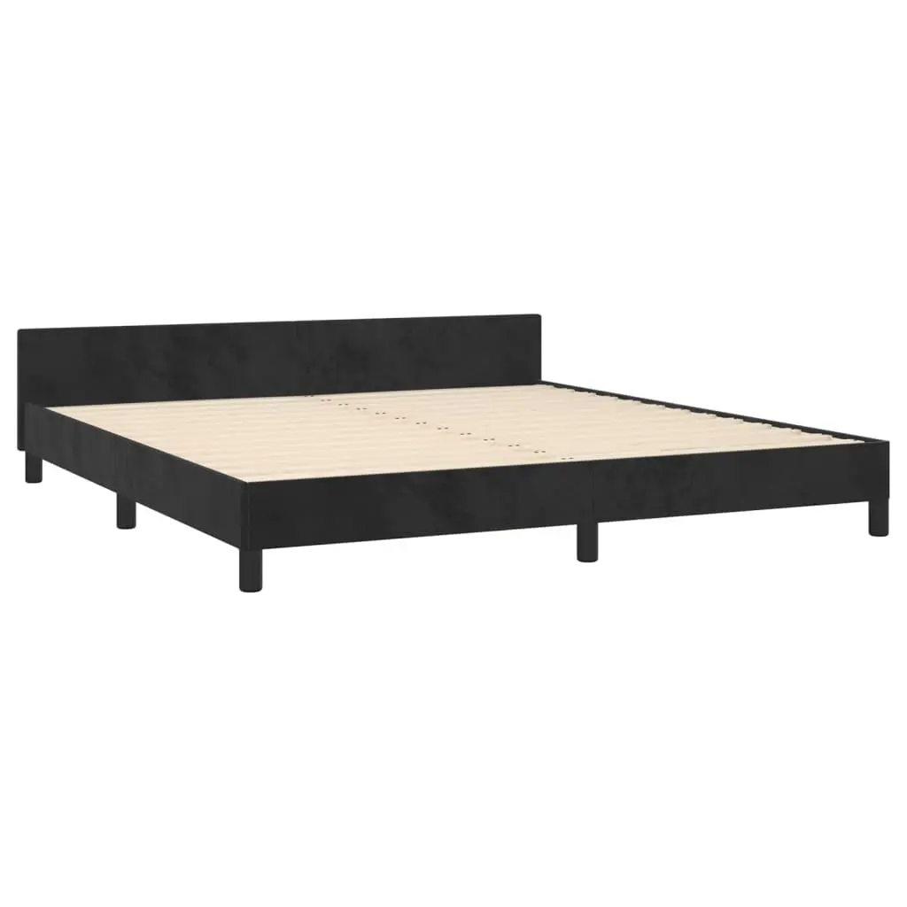 Bed Frame Queen Size Black Velvet Adjustable Height Soft Headboard Plywood Slats 152x203cm