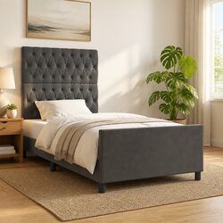 Grey Velvet King Single Bed Frame with Adjustable Headboard 107x203cm