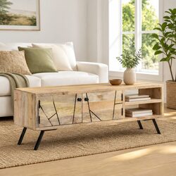 Beige TV Cabinet 110x30x40 cm Made of Solid Mango Wood