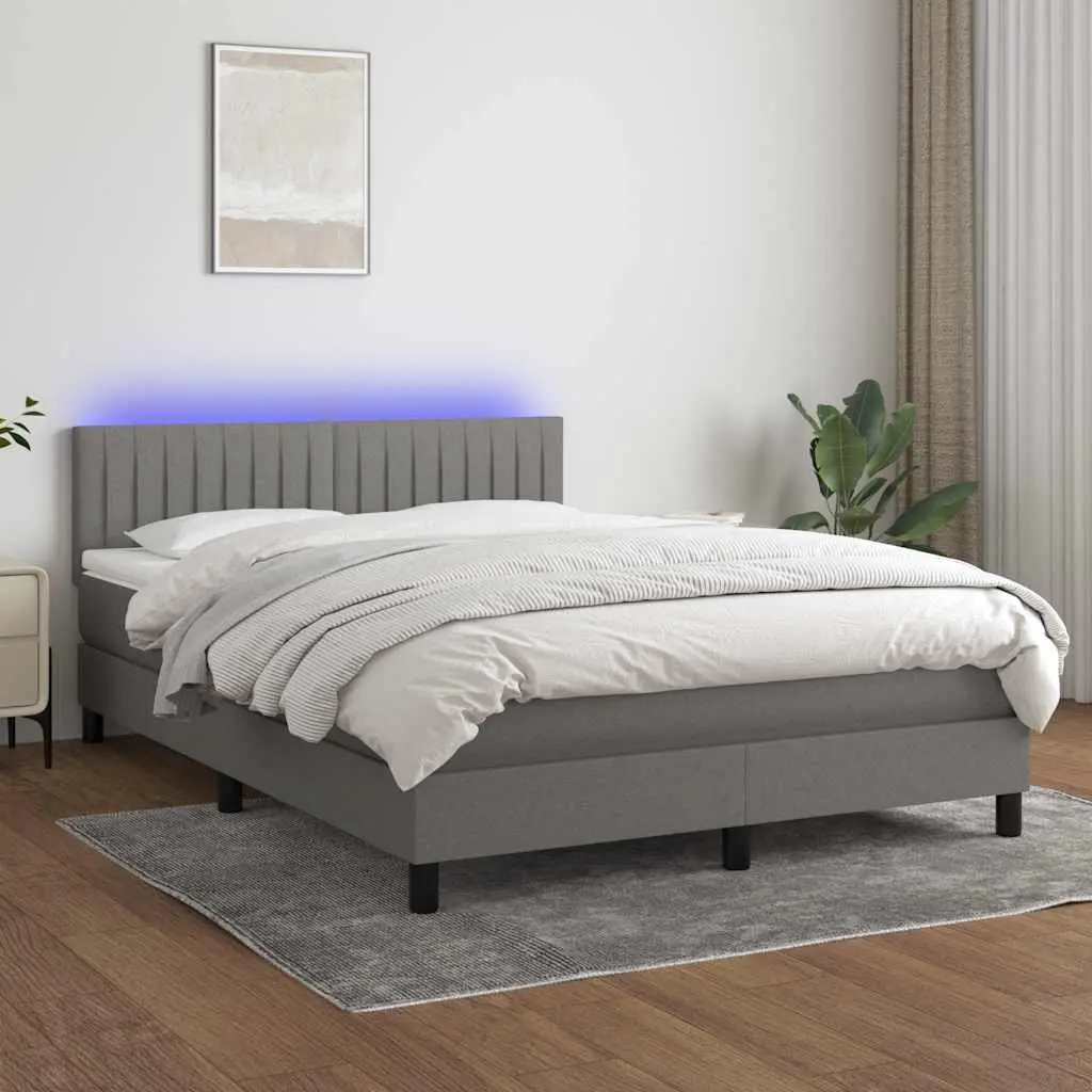 Queen Size Box Spring Bed with Adjustable LED Headboard Pocket Spring Mattress Grey Fabric