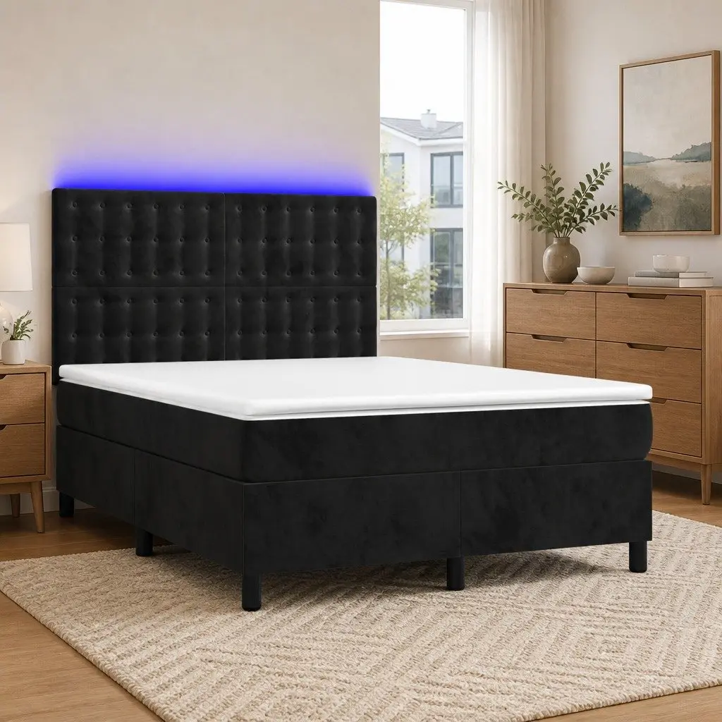 Queen Size Box Spring Bed with Adjustable Headboard Pocket Spring Mattress Black Velvet