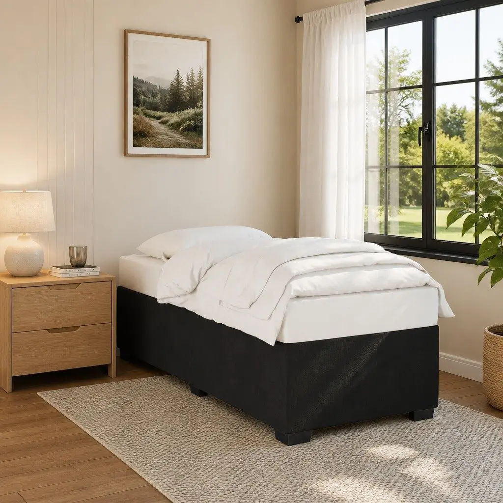 Bed Frame Velvet Black King Single Size with Integrated Slats Support