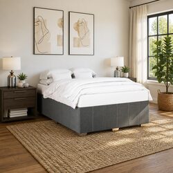 Queen Bed Frame with Slat Support in Dark Grey Fabric