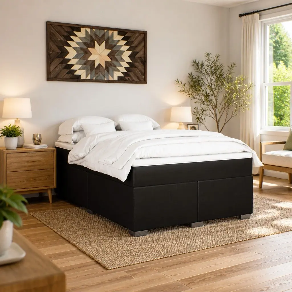 Queen Size Bed Frame with Pocket Spring Mattress Black Faux Leather Comfort