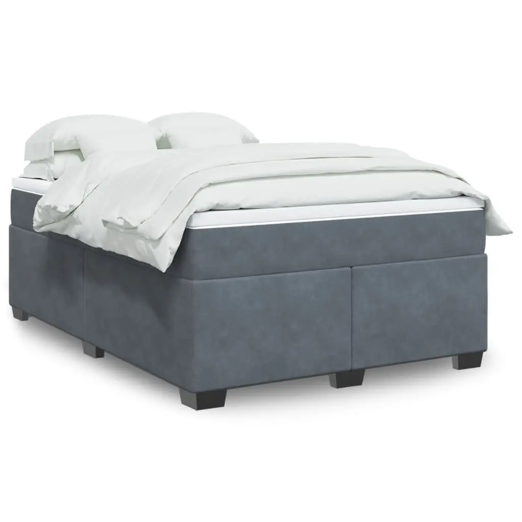 Box Spring Bed with Pocket Spring Mattress Velvet Upholstery Queen Size Grey