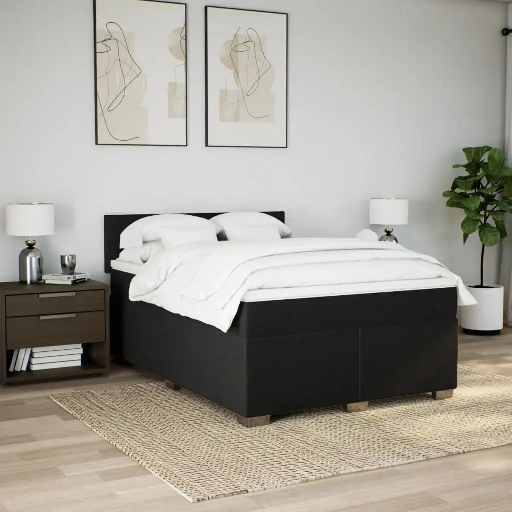 Double Box Spring Bed with Pocket Spring Mattress Black Fabric Bedroom Furniture