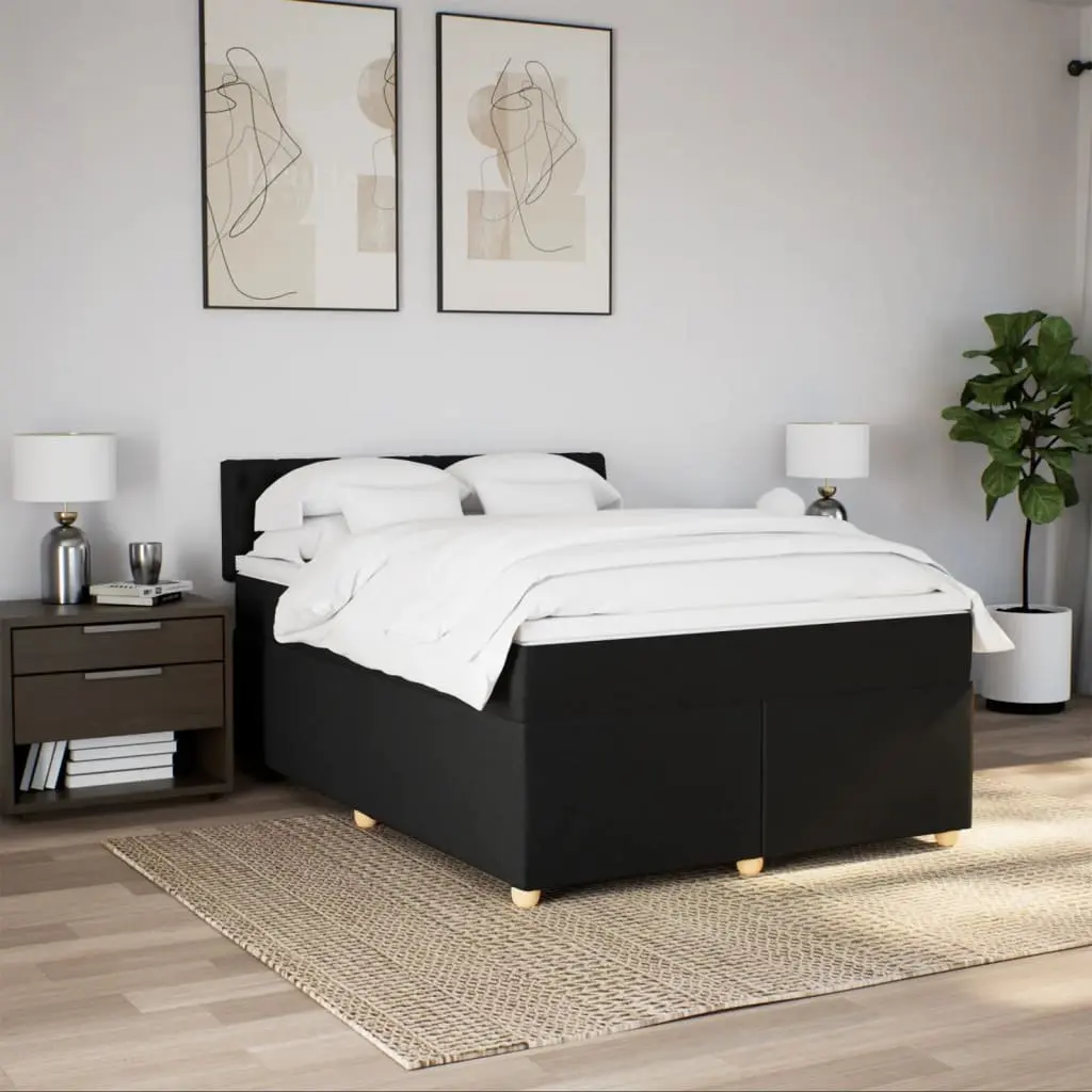 Double Box Spring Bed with Pocket Sprung Mattress Removable Topper Double Size Black Fabric Frame