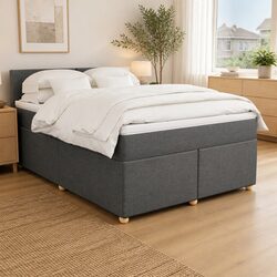 Grey Fabric Queen Box Spring Bed with Pocket Spring Mattress