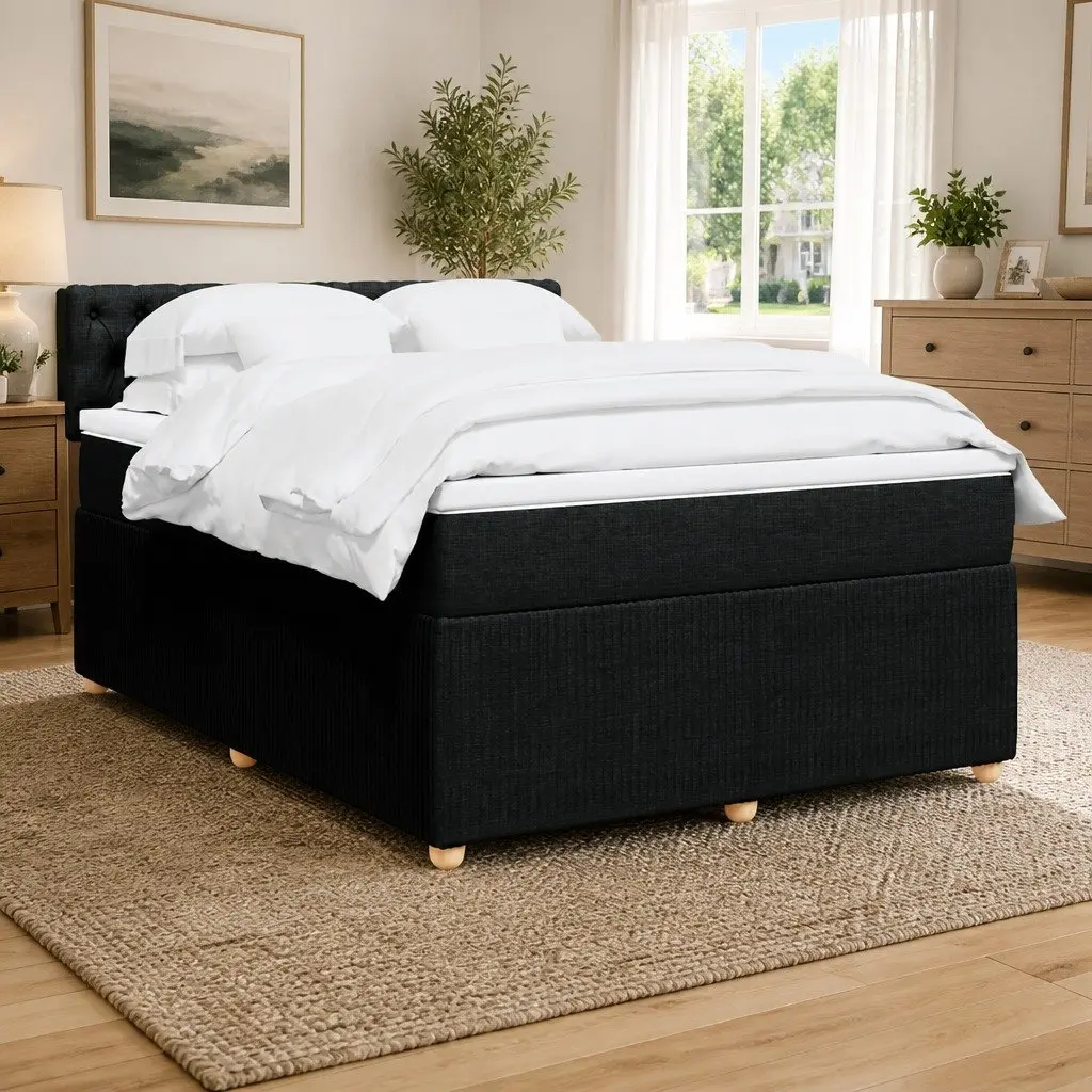 Double Box Spring Bed with Pocket Spring Mattress Black Fabric Double