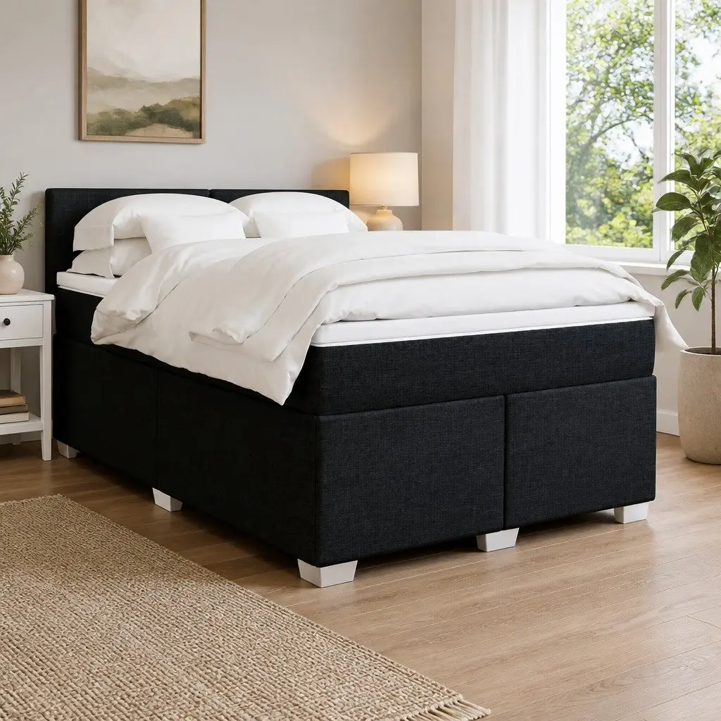 Double Box Spring Bed with Pocket Spring Mattress LED Lights Black Fabric