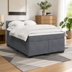 Double Box Spring Bed in Grey Velvet with Pocket Spring Mattress