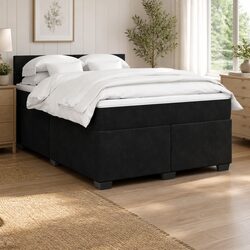 Double Box Spring Bed with Pocket Spring Mattress in Black Velvet