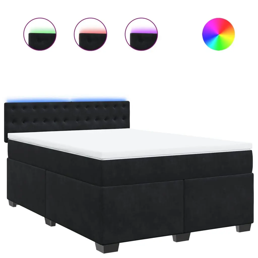 Double Box Spring Bed with Pocket Mattress LED Lights Black Velvet