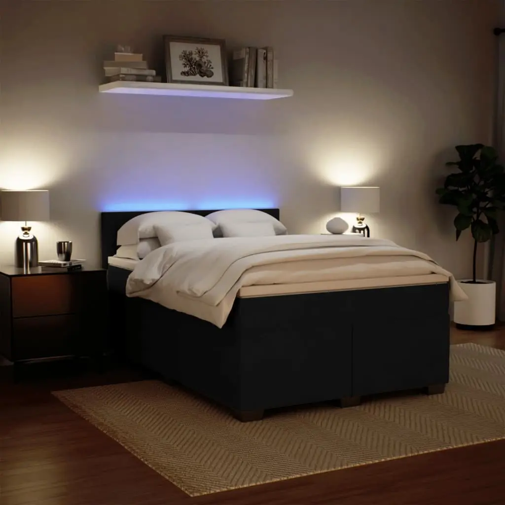 Queen Box Spring Bed with Pocket Spring Mattress Velvet Upholstery LED Lights Black